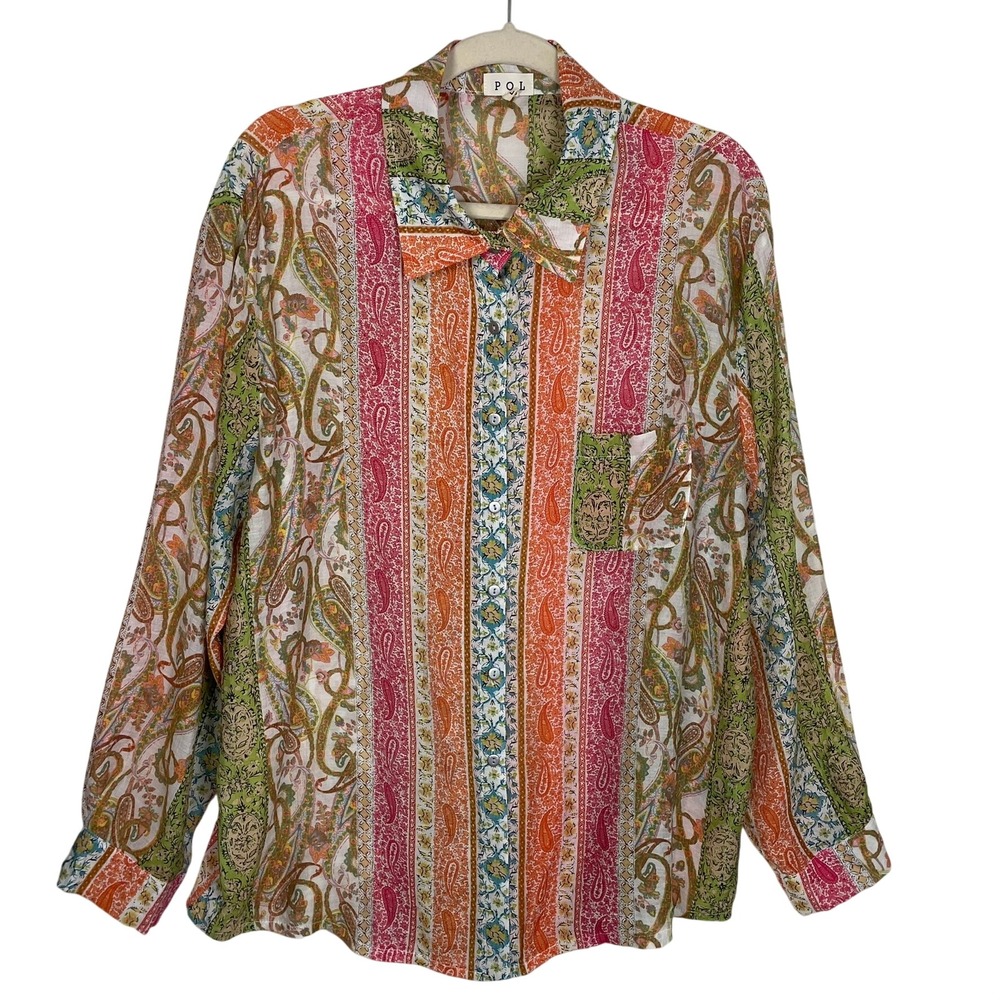 POL Womens Long Sleeve Paisley Print Button Up Shirt Top Size L